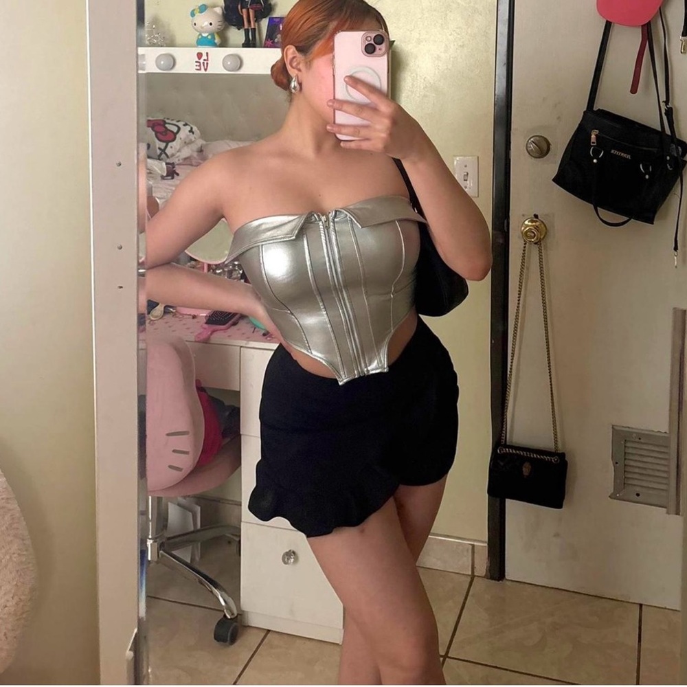 Shein Metallic Zip Front Bandana Hem Tube Top